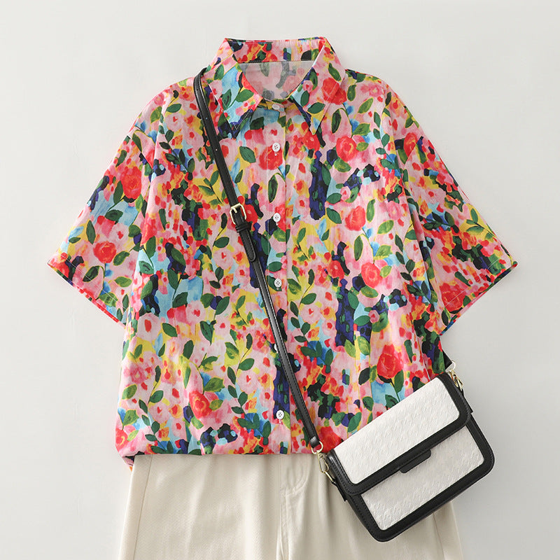 Damen Kurzarm-Hemd mit Herzmuster Fudus