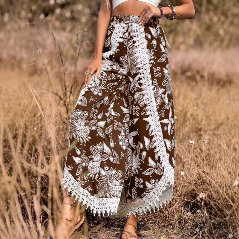 Damen Palazzo-Hose mit floralem Muster und dekorativem Spitzenbesatz Fudus