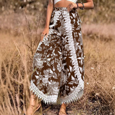 Damen Palazzo-Hose mit floralem Muster und dekorativem Spitzenbesatz Fudus