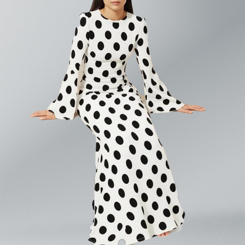 Damen Maxikleid mit floralen Punkten und charmanten Glockenärmeln Fudus