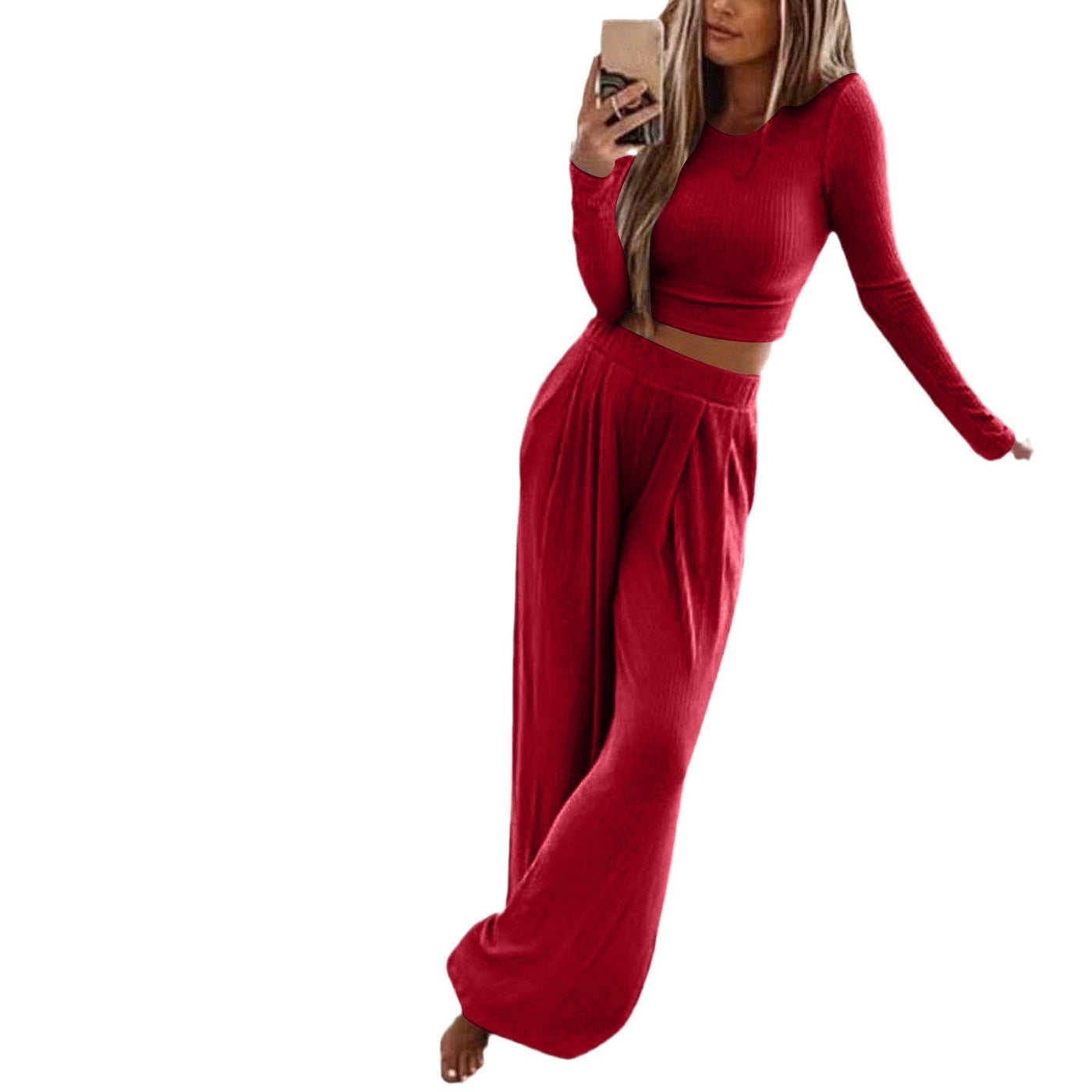 Damen Gemütliches Zwei-Teiliges Set mit Langärmligem Oberteil und Weit geschnittenen Hosen Fudus