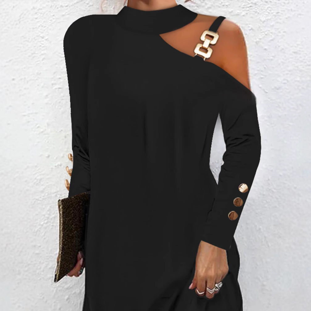Damen modisches Minikleid mit schickem Schulterdesign und dekorativen Knopfdetails Fudus