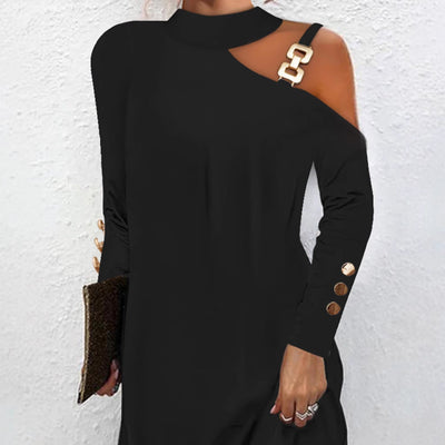 Damen modisches Minikleid mit schickem Schulterdesign und dekorativen Knopfdetails Fudus