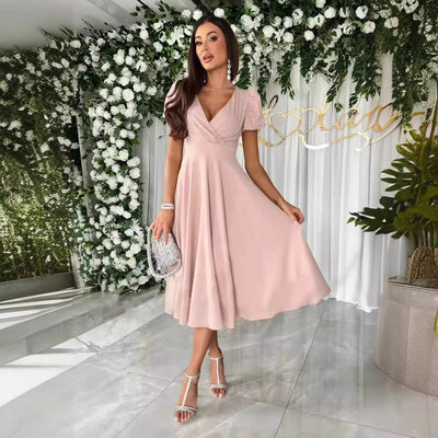 Damen elegantes Wickelkleid mit kurzen Puffärmeln und skulpturalem V-Ausschnitt Fudus