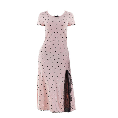 Damen Nachthemd mit herzförmigen Mustern und Spitzenakzent Fudus