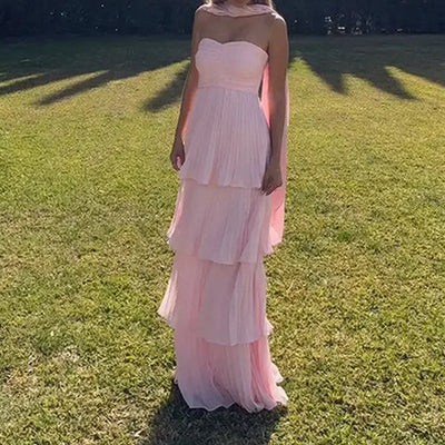 Damen Luftiges Maxikleid mit schulterfreiem Design und voluminösem Rock Fudus