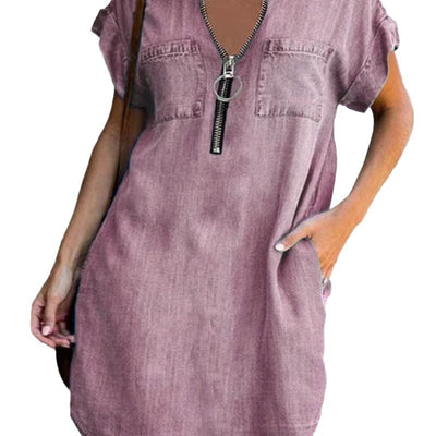 Damen Denim-Kleid mit kurzem Arm und Reißverschluss Fudus
