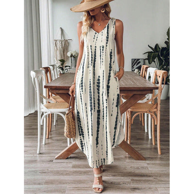 Damen Maxikleid mit V-Ausschnitt und modernem Streifenmuster Fudus