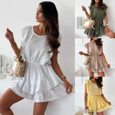 Damen kurzes Sommerkleid mit voluminösen Rüschen und elastischem Taillenband Fudus