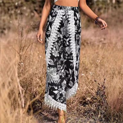 Damen Palazzo-Hose mit floralem Muster und dekorativem Spitzenbesatz Fudus