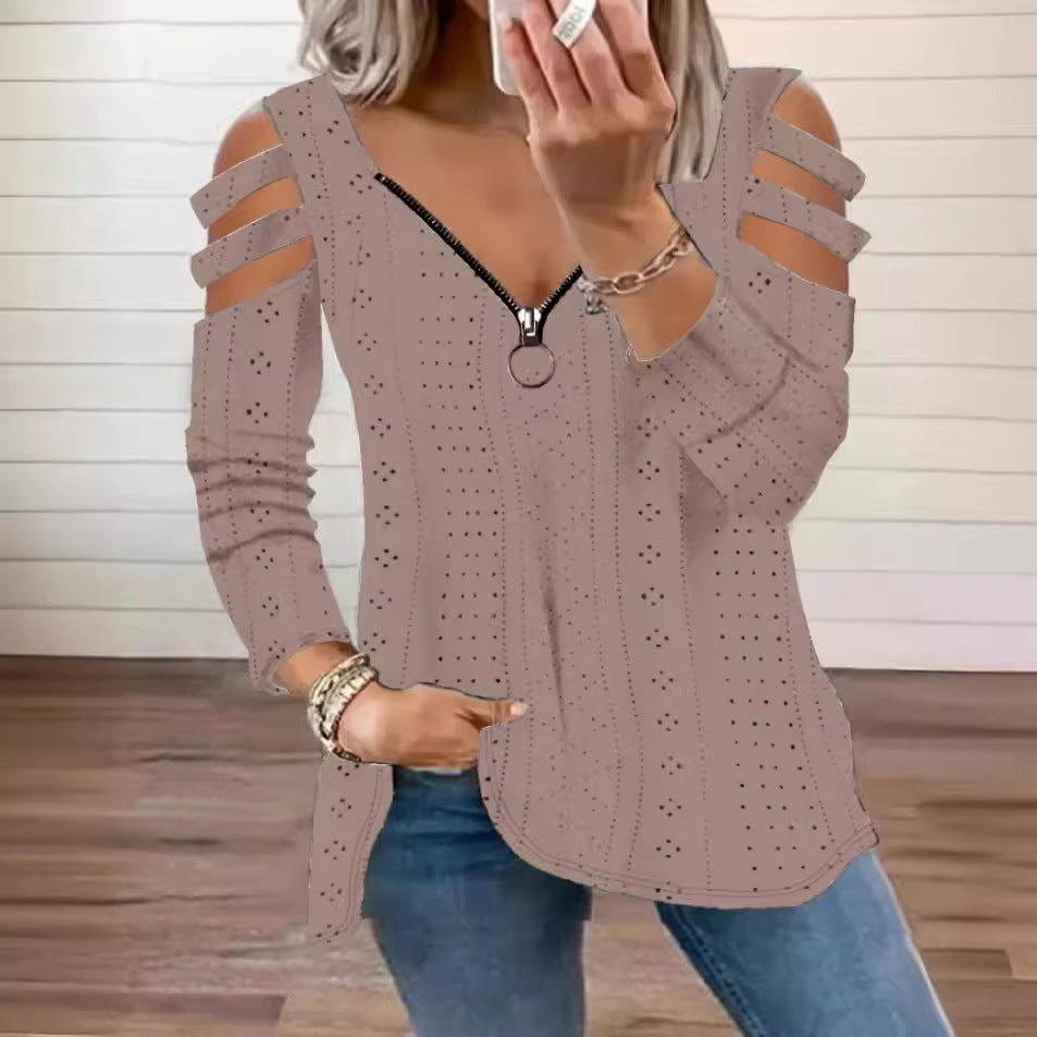 Damen Langarmshirt mit trendigen Cut-Outs und praktischem Reißverschluss Fudus