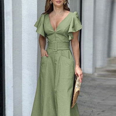 Damen Maxikleid mit eleganten Rüschendetails und praktischen Taschen Fudus