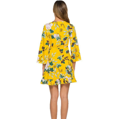 Damen lässiges Kleid mit V-Ausschnitt und weitem Ärmel Fudus