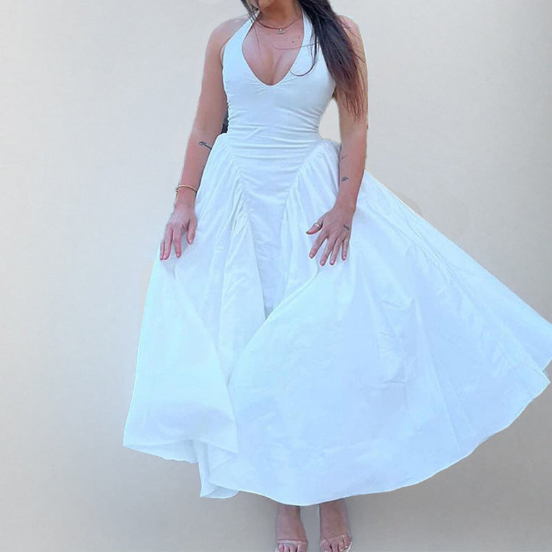 Damen Maxikleid mit tiefem V-Ausschnitt und schwingendem Rock Fudus