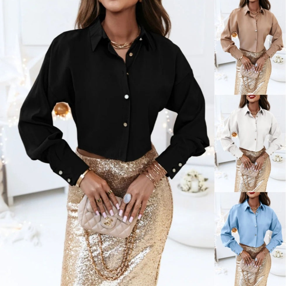 Damen Seidige Bluse mit eleganten Knopfdetails und weit geschnittenen Ärmeln Fudus