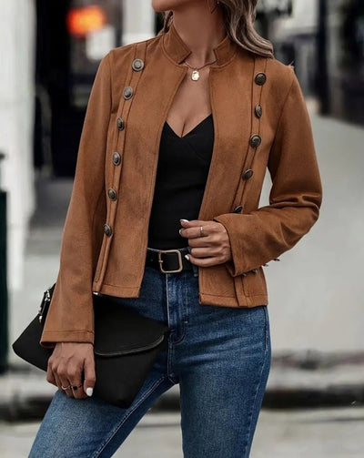 Damen modische Wildlederjacke mit dekorativen Knopfdetails Fudus