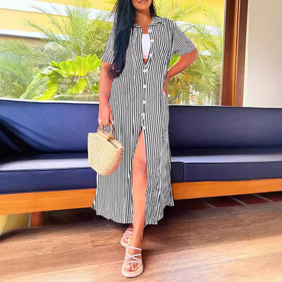 Damen lässiges Strickkleid mit lässigem Kragen und seitlichem Schlitz Fudus