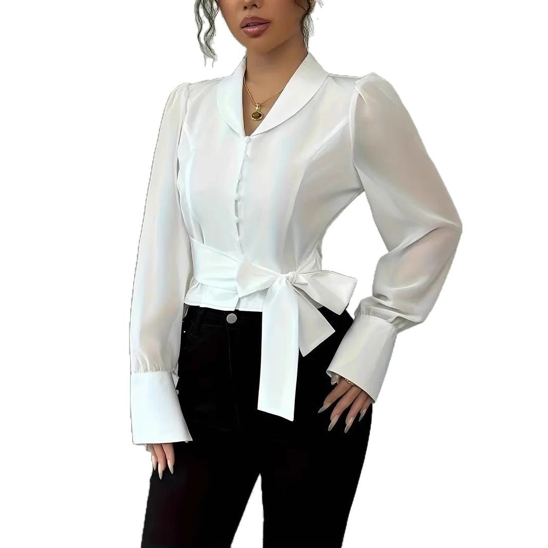 Damen elegante Bluse mit tailliertem Schnitt und verspieltem Schleifen-Detail Fudus