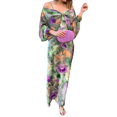 Damen Maxikleid mit schulterfreiem Design und elegantem Blumenmuster Fudus