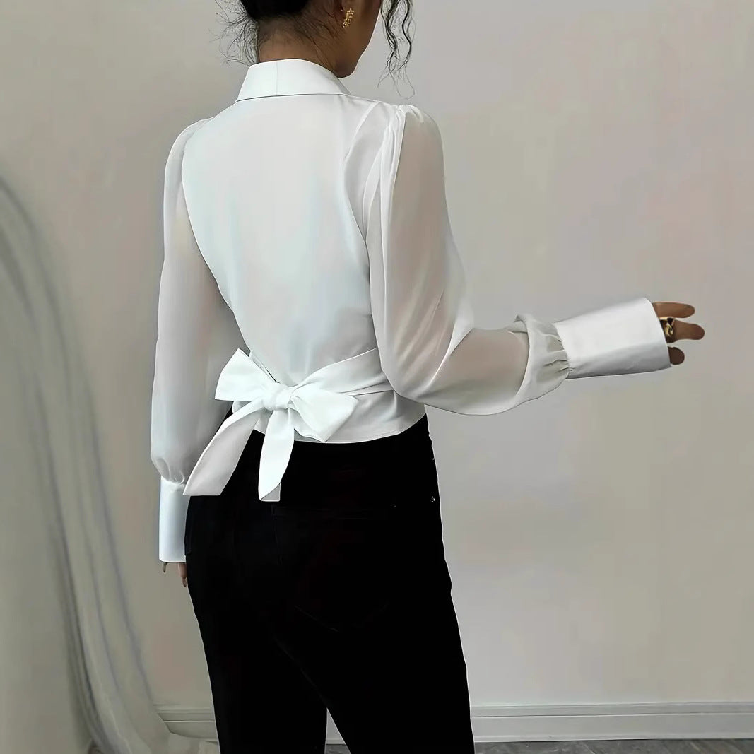 Damen elegante Bluse mit tailliertem Schnitt und verspieltem Schleifen-Detail Fudus