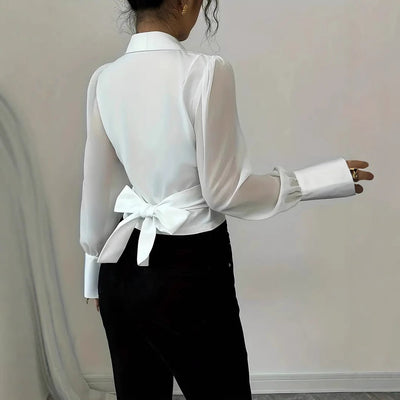 Damen elegante Bluse mit tailliertem Schnitt und verspieltem Schleifen-Detail Fudus