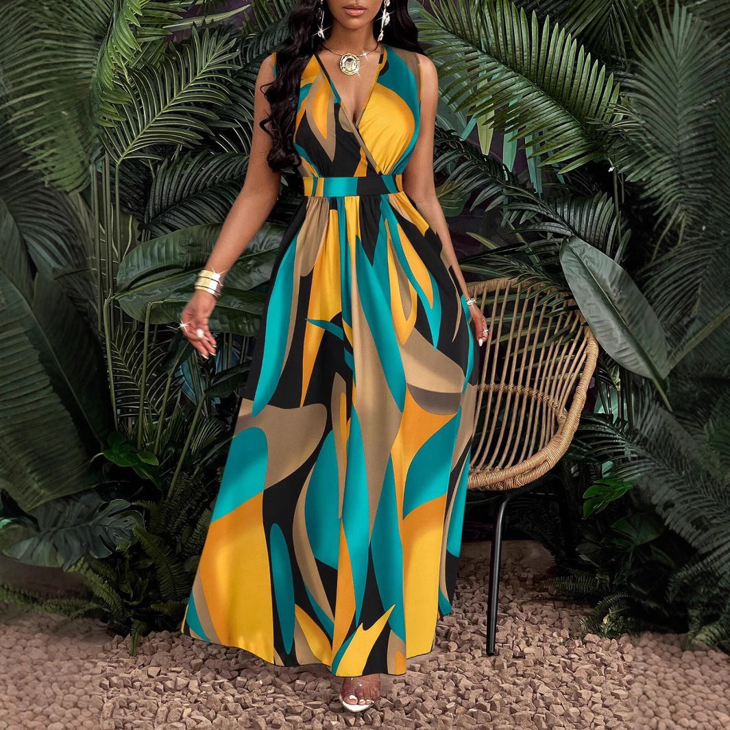 Damen Maxi-Kleid mit elegantem V-Ausschnitt und floralem Print Fudus