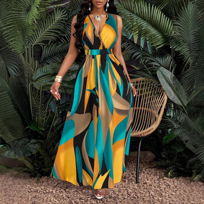 Damen Maxi-Kleid mit elegantem V-Ausschnitt und floralem Print Fudus