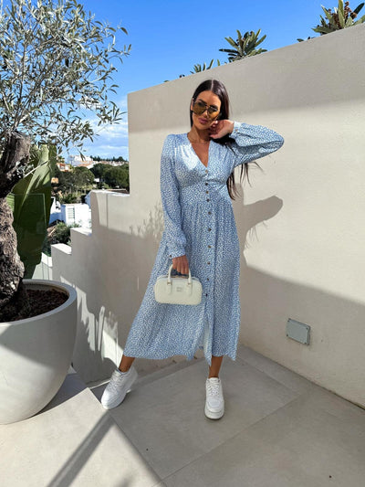 Damen Knielanges Hemdblusenkleid mit kreativen Druck und eleganter Knopfdetails Fudus