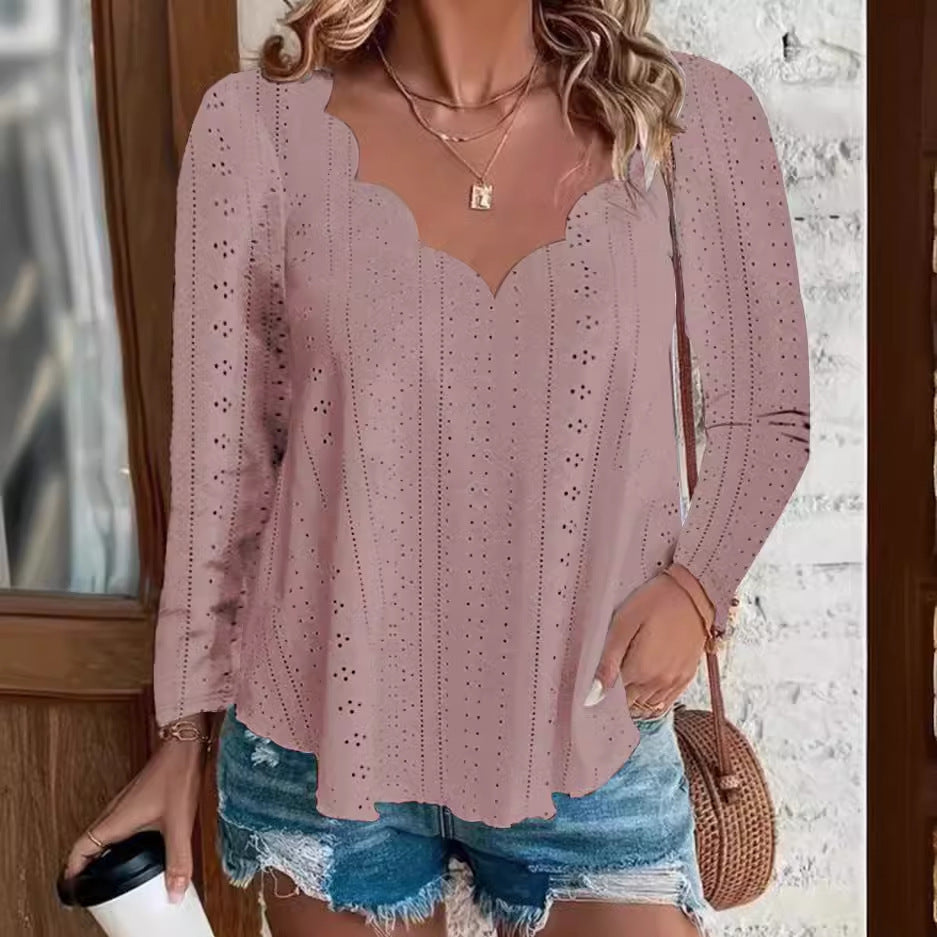 Damen Bluse mit eingearbeiteten Lochmustern und geschwungenem Ausschnitt Fudus