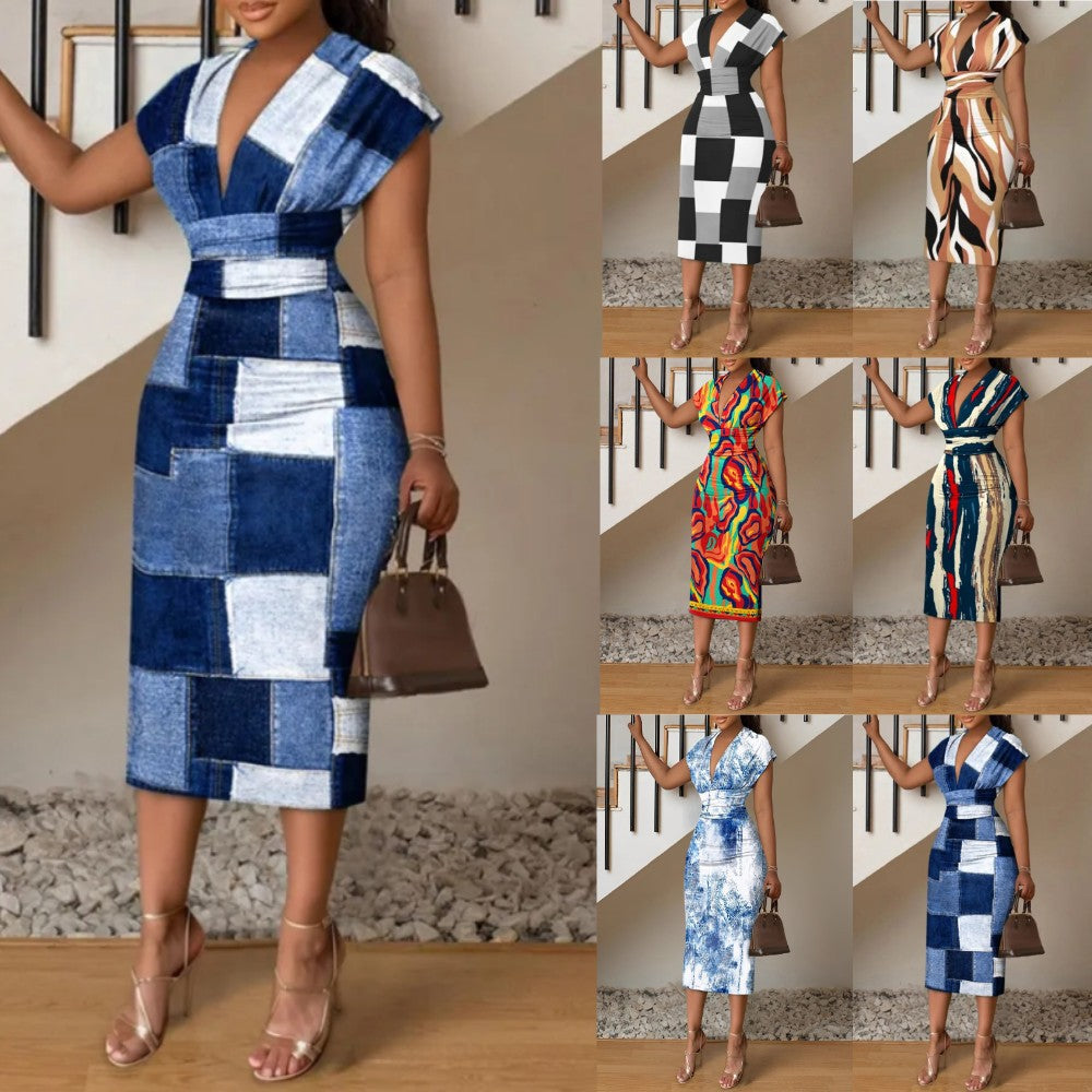 Damen Wickelkleid mit eleganter Taillierung und modernem grafischen Muster Fudus