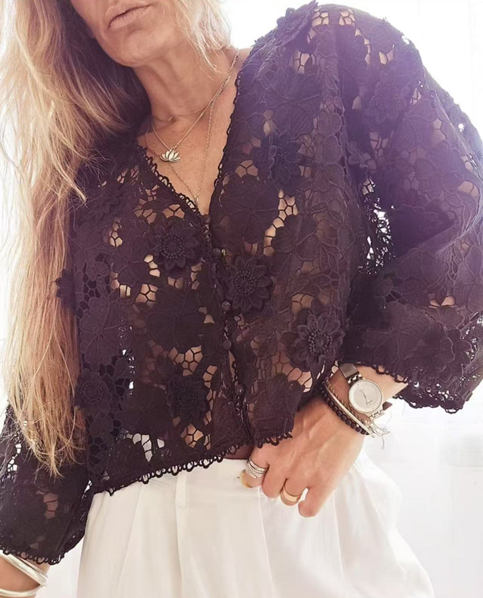 Damen Bluse aus filigraner Spitze mit floralen Motiven Fudus