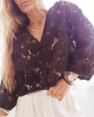 Damen Bluse aus filigraner Spitze mit floralen Motiven Fudus