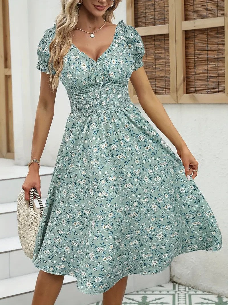 Damen Floral Midi-Kleid mit elastischem Bund und Puffärmeln Fudus