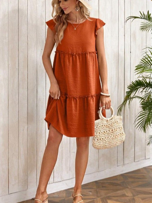 Damen lässiges Kurzkleid mit fröhlichen Rüschen und voluminösem Schnitt Fudus