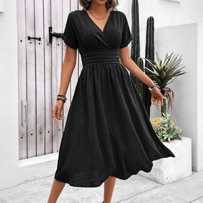 Damen midi Kleid mit gerafftem Oberteil und V-Ausschnitt Fudus