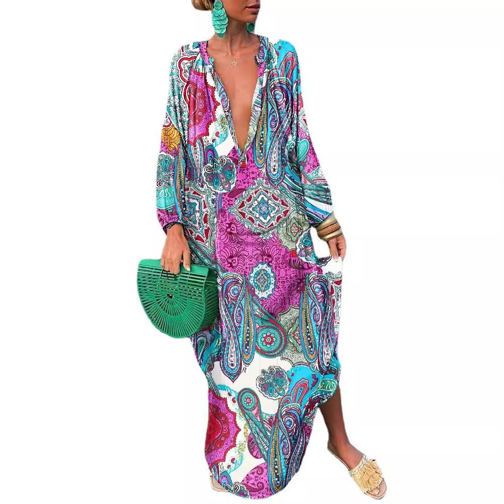 Damen Maxikleid mit elegantem Print und tiefem V-Ausschnitt Fudus