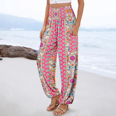 Damen luftige Palazzo-Hose mit grafischem Moulage-Muster und hochelastischem Bund Fudus