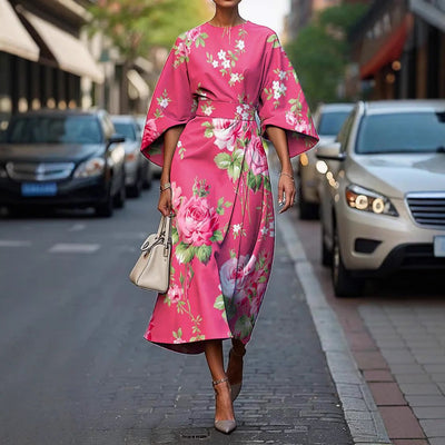 Damen Maxi-Kleid mit voluminösen Ärmeln und floralem Muster Fudus