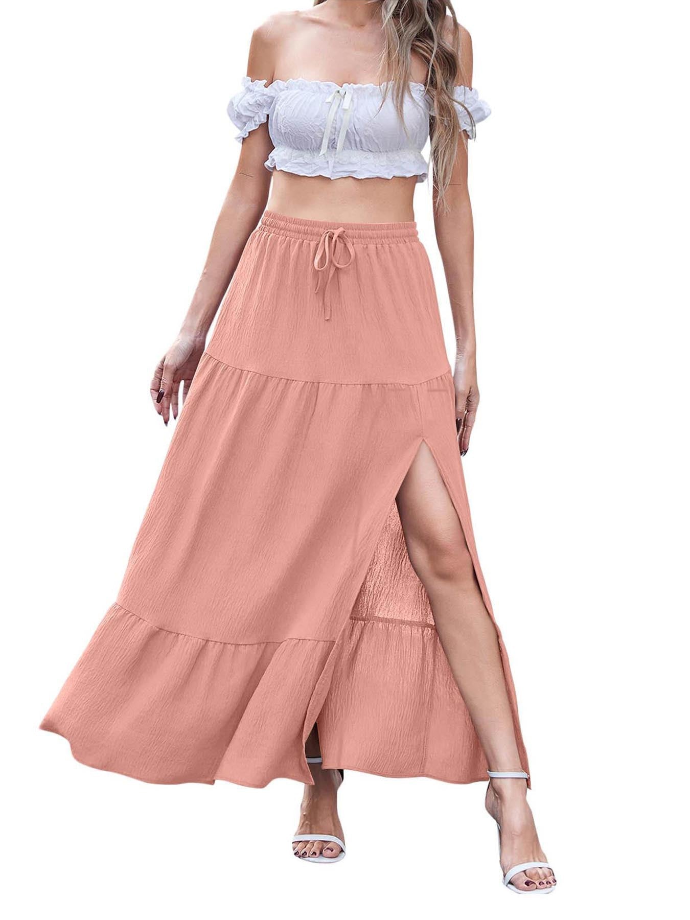 Damen Maxikleid mit hohem Schlitz und Volant Fudus