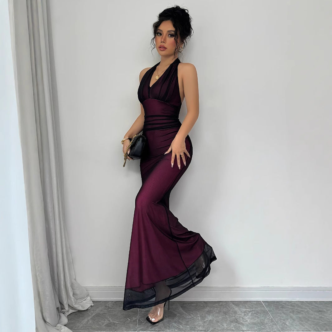 Damen elegantes Maxikleid mit schmeichelndem Rückenausschnitt und fließendem Rock Fudus