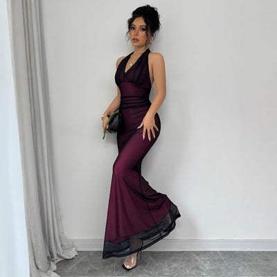 Damen elegantes Maxikleid mit schmeichelndem Rückenausschnitt und fließendem Rock Fudus