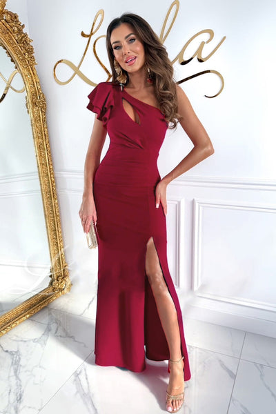 Damen elegantes Abendkleid mit asymmetrischem Schnitt und Rüschendetails Fudus