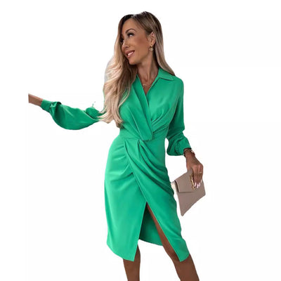 Damen Wickelkleid mit stylischem Kragen und seitlichem Schlitz Fudus