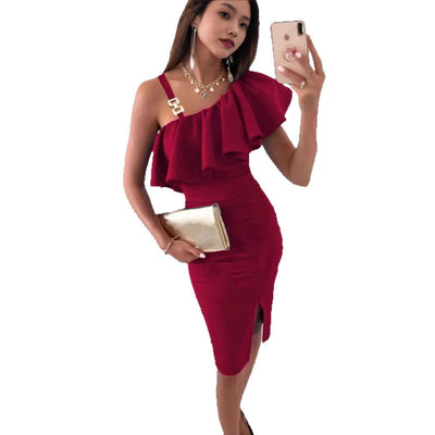 Damen Cocktailkleid mit asymmetrischem Rüschenschnitt Fudus