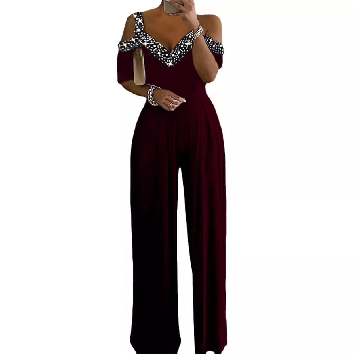 Damen Elegantes Jumpsuit mit Off-Shoulder Design und Glitzerakzenten Fudus