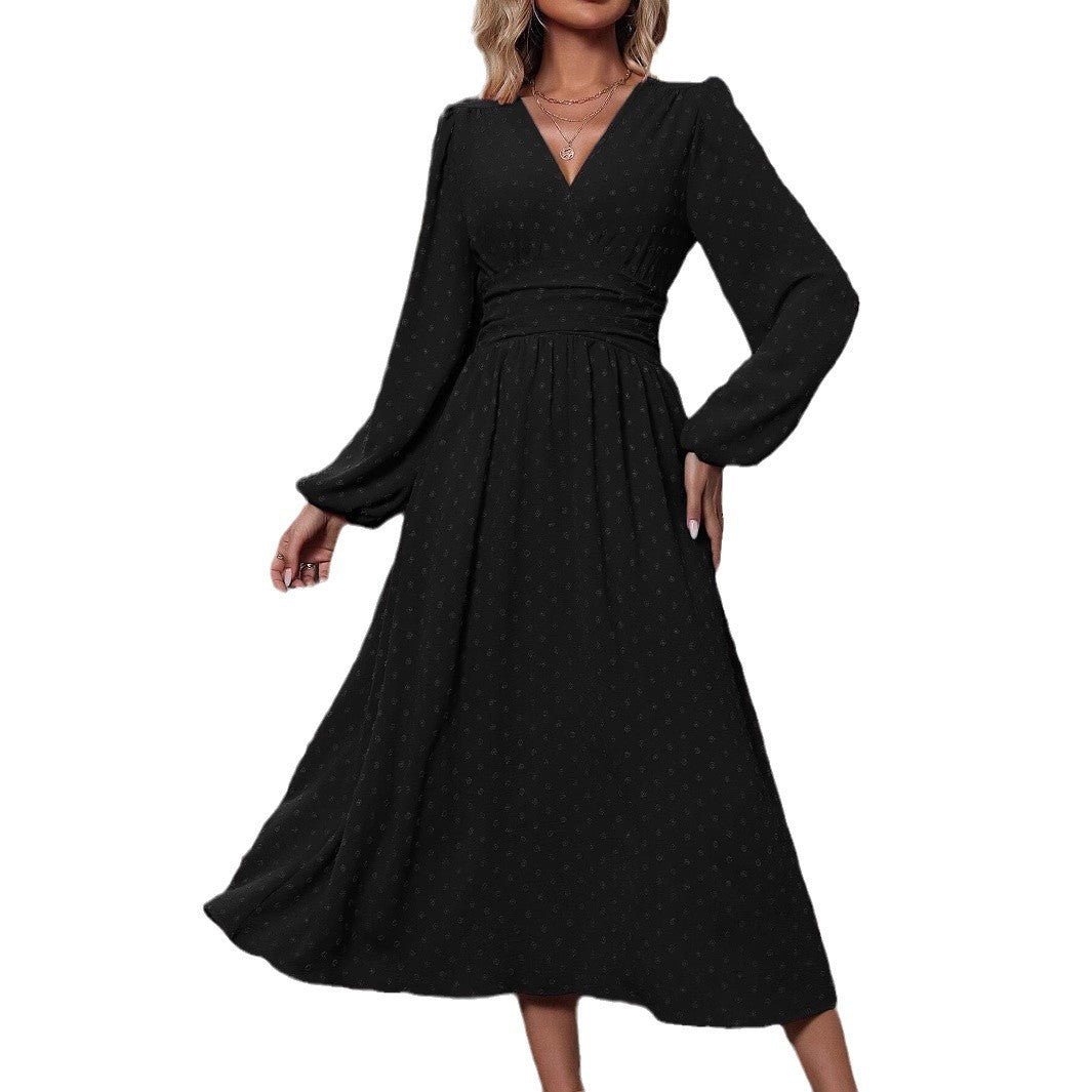 Damen Elegantes Maxi-Kleid mit V-Ausschnitt und Puffärmeln Fudus