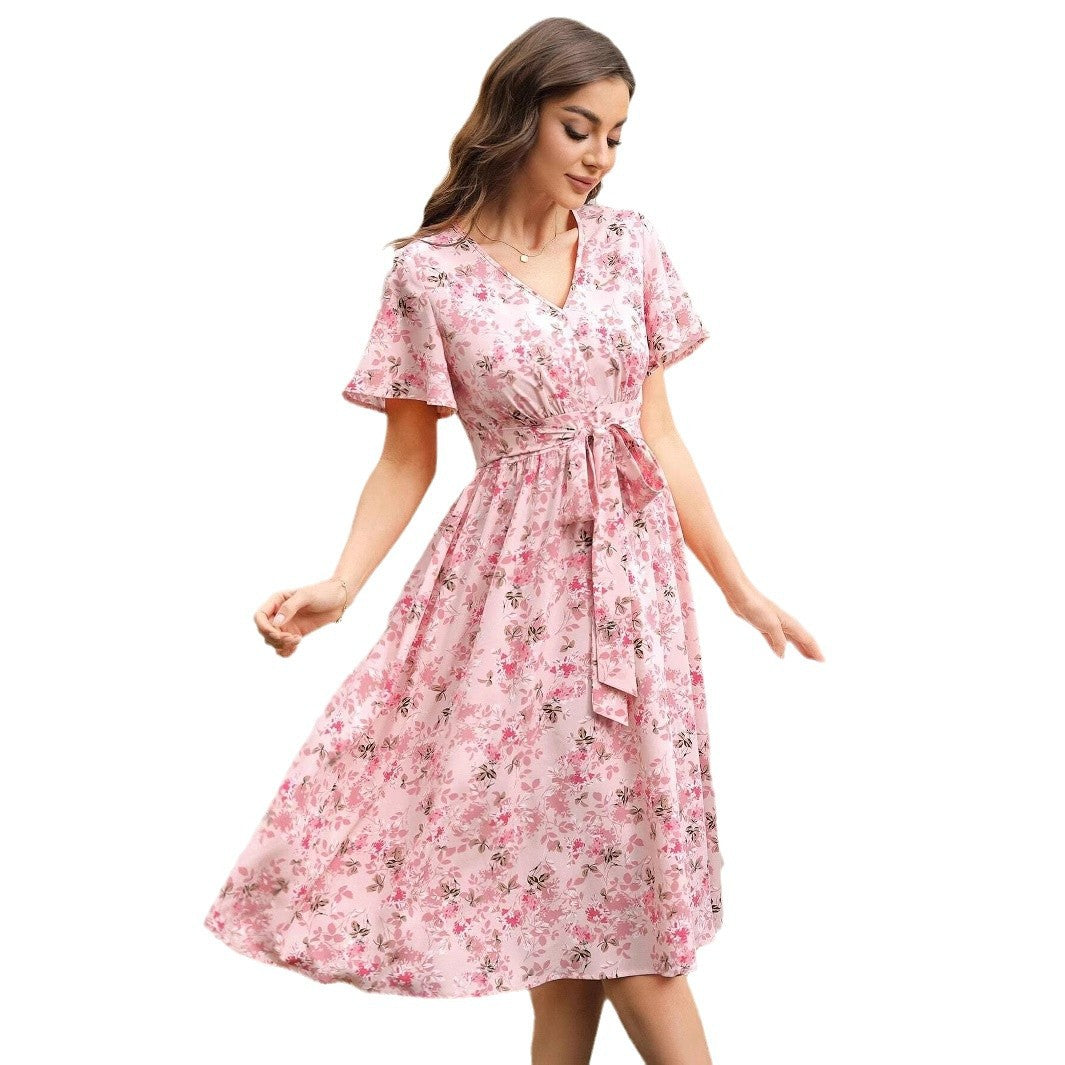 Damen Blumenkleid mit V-Ausschnitt und tailliertem Bindegürtel Fudus