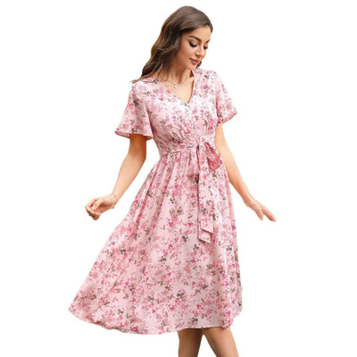 Damen Blumenkleid mit V-Ausschnitt und tailliertem Bindegürtel Fudus