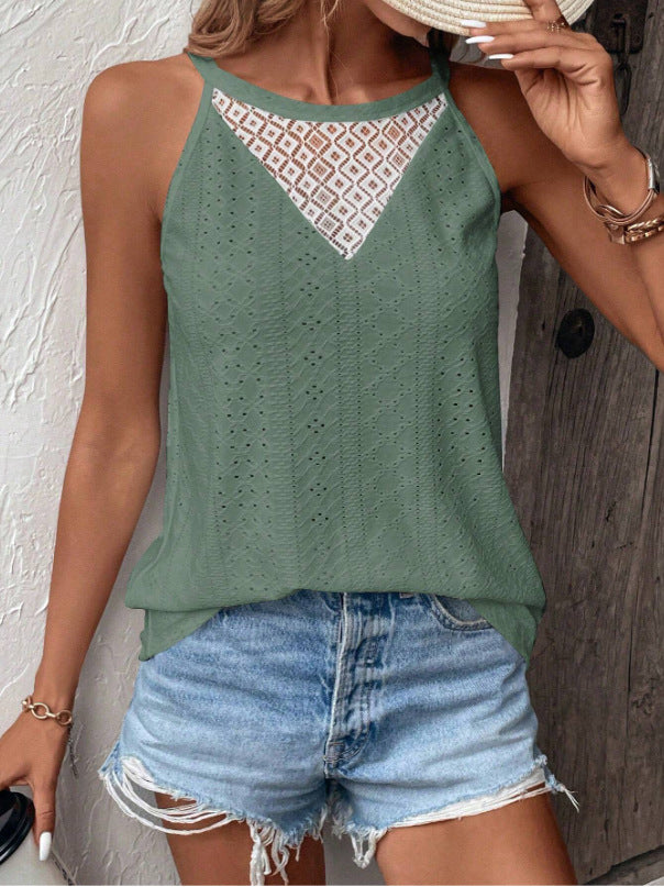 Damen ärmelloses Oberteil mit feiner Lochmusterung und eleganter Spitzeneinsätze Fudus