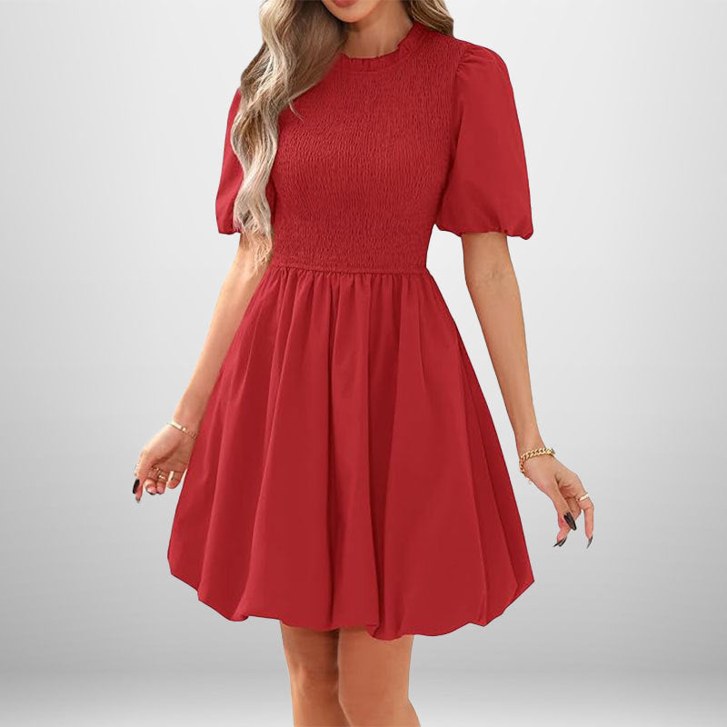 Damen Kurzarm Kleid mit elastischem Oberteil und schwingendem Rock Fudus